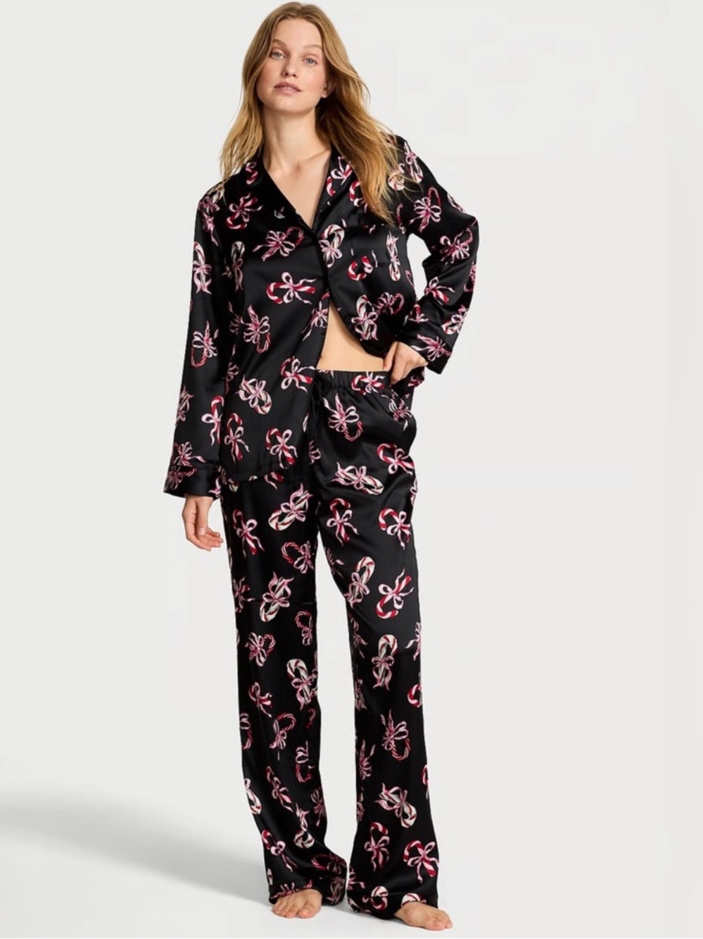 Victoria Secrets Satin Pajama Set Candy Canes and Bows NWT